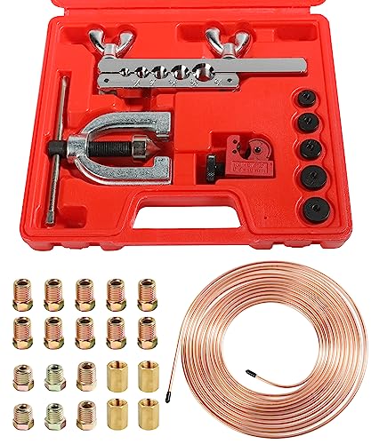 YAKEFLY 25 ft 3/16 Copper Coated Brake Line Kit with 16 Fittings and 4 Unions Brake Line Fittings,Brake Line Double & Single Flaring Tool Kit,Fits for Most Hydraulic Braking Systems,Fuel Systems,etc - color: Gold