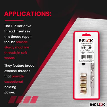 E-Z Hex Thread Repair Kit for Soft Wood Flush Threaded Inserts M8-1.25 x 20mm, Drill, Installation Tool - size: M8-1.25 x 20mm, style: Flush