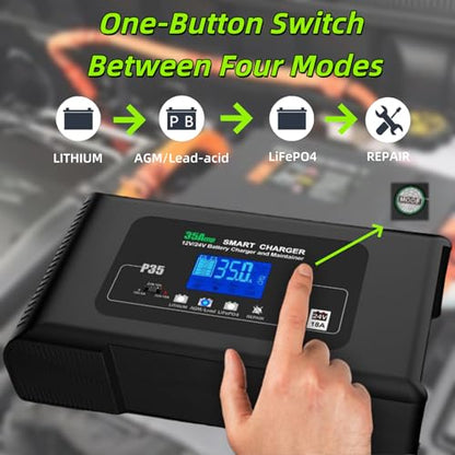 P35 12V/24V 35A Smart Car Battery Charger & Maintainer, 9 Stage Charging for Lithium,AGM,Lead-Acid,LiFePO4, with Battery Repair Function, LCD Display for Various Vehicles