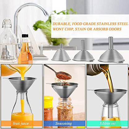 6 Pcs Stainless Steel Mini Funnels for Kitchen use. Large Tiny Small Funnel Set of 3, Metal Cooking Powder Food Grade Flask Funnels for Filling Bottles Liquor Water Spice, 2Pcs Cleaning Brushes VOPTON