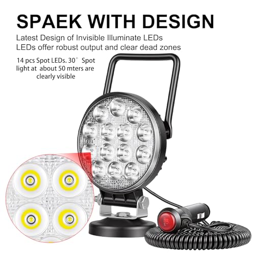 Magnetic Led Work Light 12V, SKYWORLD 1PCS 4 Inch 42W Round Spot Off Road Driving Fog Lamp, Portable Magnetic Base Holder for Car SUV Trailer Tractor Truck Engineering Maintenance Garage Camping - size: 4 Inch 42W Spot