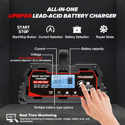 Battery Charger 40A, 12V/24V Lead Acid Smart Battery Charger, 12V LiFePO4 Car Battery Trickle Charger, Automatic Battery Maintainer for Car Motorcycle Lawn Mower Marine Boat Lead Acid Batteries - size: 40A-RED