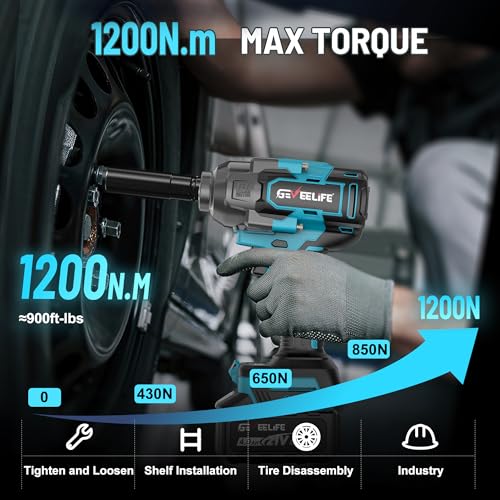 GEVEELIFE 1200N.m (900Ft-lbs) Brushless Impact Wrench, 1/2" Cordless Impact Driver with 2x 4.0Ah Battery, Fast Charger & 5 Sockets, High Torque, Electric Impact Gun for Car/Truck/RV/Mower