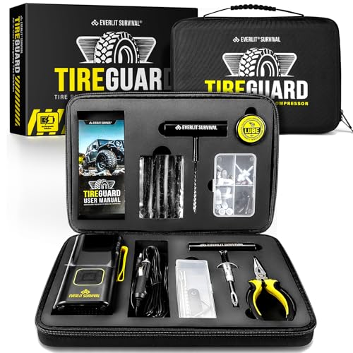 EVERLIT All-in-One Tire Repair Kit with Air Compressor – 150 PSI Portable Cordless Tire Inflator & Plug Kit – Flat Tire Emergency Roadside Kit for Car, SUV, Truck & Motorcycle Fast Repair & Inflation