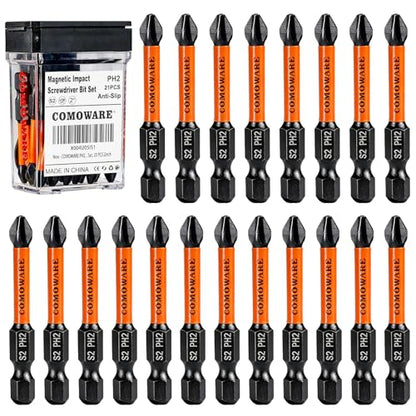COMOWARE 2 Inch PH2 High Magnetic Impact Screwdriver Drill Bit Set, 21PCS, #2 Anti-Slip Phillips Bits, S2 Steel, Phosphating Driver Bit Set with CNC Magnetic Impact Bits for Power Drill - color: Ph2 21pcs Phosphate-coated