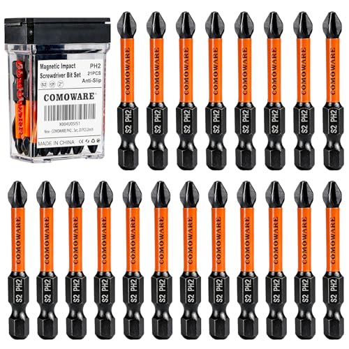 COMOWARE 2 Inch PH2 High Magnetic Impact Screwdriver Drill Bit Set, 21PCS, #2 Anti-Slip Phillips Bits, S2 Steel, Phosphating Driver Bit Set with CNC Magnetic Impact Bits for Power Drill - color: Ph2 21pcs Phosphate-coated