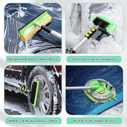 12ft 7PCS Car & RV Wash Brush Kit with Long Extendable Handle RV Car Truck Wash Kit with Hardness Brush Adjustable Chenille Mop Sponge Squeegee Tire Brushes Micro Fiber Towels Chenille Mitt for SUV