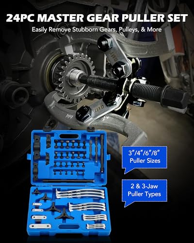 Orion Motor Tech Gear Puller Set, 3" 4" 6" 8" Bearing Puller Kit, 24pc 2 Jaw & 3 Jaw Gear Puller with Reversible Jaws, Heavy Duty Pulley Puller Tool for Pulley Gear Bearing Flywheel Removal