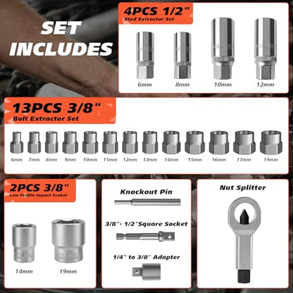 49PCS Bolt Extractor Kit, Screw & Stud Remover Set with Left Hand Drill Bits, Spiral Extractors, Nut Splitter, Impact Sockets for Stripped, Rusted Bolts - size: 49PCS