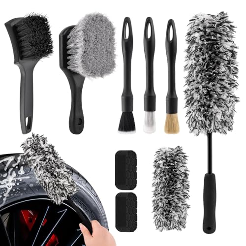 9PCS Car Wheel Cleaning Pro Kit, Tire Brush, Detailing Brush Set, Soft-bristled Rims Brush, Microfiber Flat Wheel Brushes, Double-Ended Detailing Brushes, Detailing Pads, Scratch-Free & Multipurpose