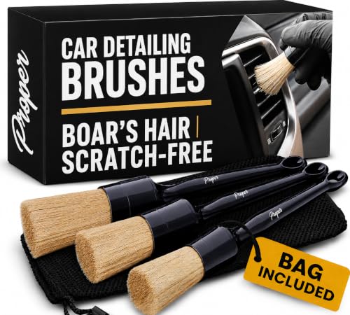 Car Detailing Brush Set, 3 Pack Interior and Exterior Detail Brushes, with Soft Boars Hair Bristles for Auto Interior & Exterior - for Cleaning Leather Seats, Air Vents, Wheels & Emblems
