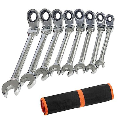 8 Piece Flex-Head Ratcheting Combination Wrench Set, 8-19mm Metric Chrome Vanadium Steel Spanner, Gear Ring Ratchet Wrenches with Rolling Pouch