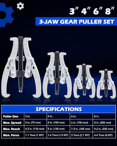OMT 3" 4" 6" 8" Gear Puller Set, 3 Jaw Puller with Reversible Jaws | 4pc Bearing Puller Pulley Puller Tool Kit for Pulley Gear Bearing Flywheel Removal, Silver - color: silver, size: 3" 4" 6" 8"