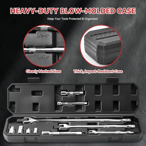 10PC Breaker Bar Set, Dual-end 3 Extension Bars, 3/8", 1/2" 1/4" Drive | 3/8", 1/2" and 1/4" Drive, 180° Rotatable Head, 6'', 10'', 15'' Length, 3 Extension Bars, Organizer Case - style: Dual-ended