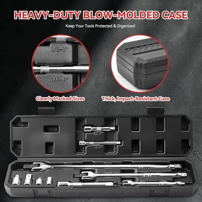 10PC Breaker Bar Set, Dual-end 3 Extension Bars, 3/8", 1/2" 1/4" Drive | 3/8", 1/2" and 1/4" Drive, 180° Rotatable Head, 6'', 10'', 15'' Length, 3 Extension Bars, Organizer Case - style: Dual-ended