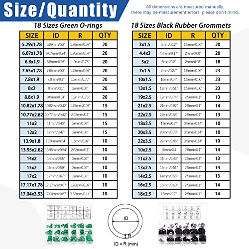 Glarks 553Pcs 36 Size Metric Universal O-Ring Assortment Set Including 270Pcs Green Nitrile Rubber NBR Washer and 279Pcs Black Gasket Sealing Ring with Pick and Hook Set for Car Faucet Plumbing Repair