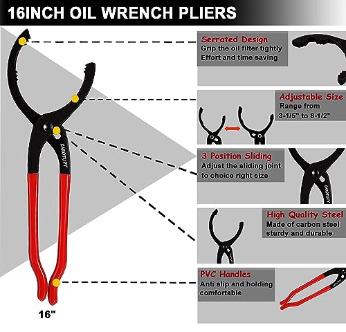 5Pcs Adjustable Oil Filter Pliers Set, Universal Oil Filter Removal Tool with Small Oil Funnel, 10" & 12" & 14" & 16" Oil Fliter Wrench From 1-1/4" to 8-1/2" - size: 5 PACK