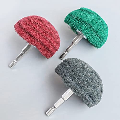 6PCS Non Woven Abrasive Buffing Polishing Wheel Drill Attachment Set,Scouring Pads Power Scrubber Cleaning Kit, Power-Operated Abrasive Wheels（ Green red Gray 1/4” Shank