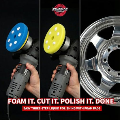 Renegade Liquid Cut & Polish Combo – Ultra Cut & Pro Red Metal Polishes with Blue and Yellow Foam Pads – 2-Step Aluminum & Stainless Steel Restoration Kit
