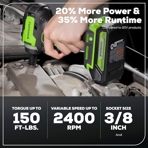 Greenworks 24V 3/8" Brushless Cordless Impact Wrench, 3/8 Inch, 150 ft.-lbs Torque, Lightweight and Compact, with 2.0Ah Battery and Charger, PA147K - size: 150 ft.-lbs., style: w/2Ah Battery