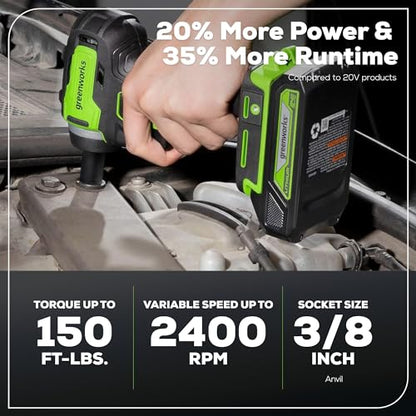 Greenworks 24V 3/8" Brushless Cordless Impact Wrench, 3/8 Inch, 150 ft.-lbs Torque, Lightweight and Compact, with 2.0Ah Battery and Charger, PA147K - size: 150 ft.-lbs., style: w/2Ah Battery
