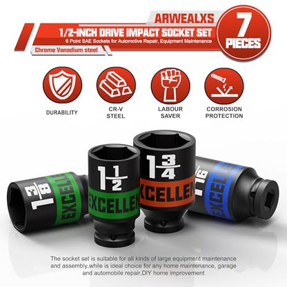7 Pieces 1/2-Inch Drive Impact Socket Set, 1-3/8" to 1-3/4" Alxe Nut Socket, 6 Point SAE Sockets for Automotive Repair, Equipment Maintenance - size: 1/2 Inch SAE Axle