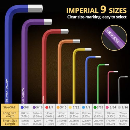AMTOVL Hex Key Set, 9PCS Imperial Allen Key Set, 1/16-3/8Inch, Long Ball End Hex Wrench Set, Color Coding Hex Key Set for Vehicle, and Bicycle Repairs - size: 9 PCS SAE SET