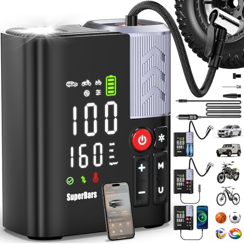 Tire Inflator Portable Air Compressor, 5X Faster Air Pump for Car | 7800mAh Battery & 12V DC, APP Control, Auto Shut-Off, 160PSI 48LPM, Digital Pressure Gauge, for Car/SUV/Motorcycle/Bike/Ball