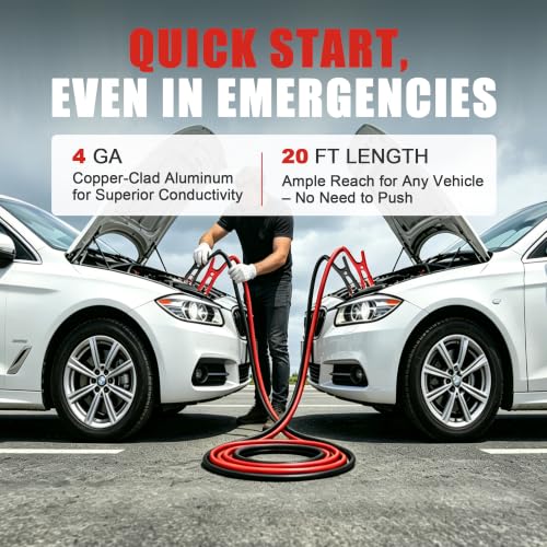 Jumper Cables,Heavy Duty 4 Gauge 20 Feet Battery Booster Cable for Car,Automotive Jumping Wires with Alligator Clamps,Carrying Bag,Safety Gloves and Iron Brush for Cars Trucks - size: 4 Gauge 20 feet (Standard)