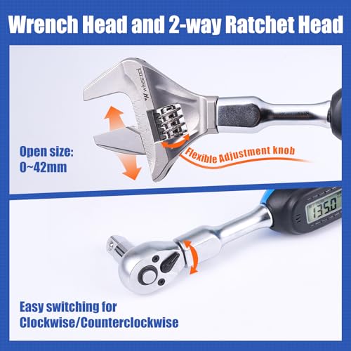Wisscool Digital Torque Wrench, 5-99.6 ft.lb/6.8-135 N.m | HVAC Torque Wrench with 42mm Jaw, 1/2 Drive Ratchet 3/8 Adapter ±2% Accuracy, Vibration Buzzer, LED Indicator for Split AC - size: Open Head/5-99.6 ft.lb
