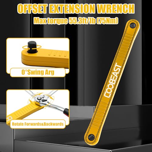 coobeast Offset Extension Wrench Impact Ready Socket Wrench Extender Tool with Versatile 1/4", 3/8", and 1/2" Square Drive Adapters, Universal Extensions Wrench for Small Place, Yellow - color: Yellow, size: 13.4 inch