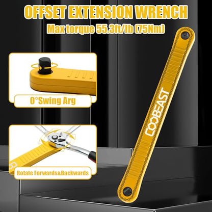 coobeast Offset Extension Wrench Impact Ready Socket Wrench Extender Tool with Versatile 1/4", 3/8", and 1/2" Square Drive Adapters, Universal Extensions Wrench for Small Place, Yellow - color: Yellow, size: 13.4 inch