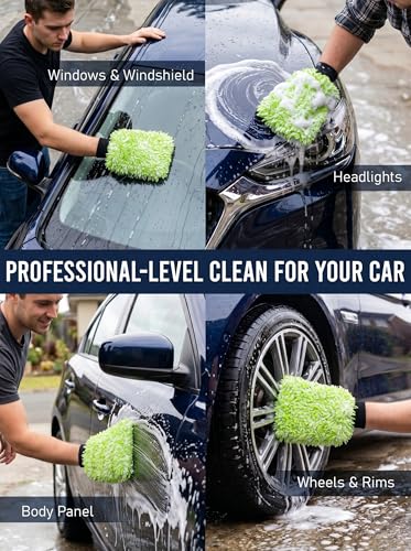 TAKAVU Car Wash Mitt, 2 Pack Microfiber, Scratch-Free (Green & White) | Soft Lint-Free Wash Gloves Hold Sudsy Water for Auto Detailing, Machine Washable, Safe on Paint & Coat - color: Green
