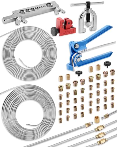 25 ft 3/16in &1/4in Zinc-Plated Brake Line Flaring Tool Kit, Includes 3-in-1 Tube Bender, Double & Single Flaring Tool Set, 1 Tube Cutter, 4 Threads Unions, 40 Fittings - color: 3/16 in & 1/4 in Zinc-Plated