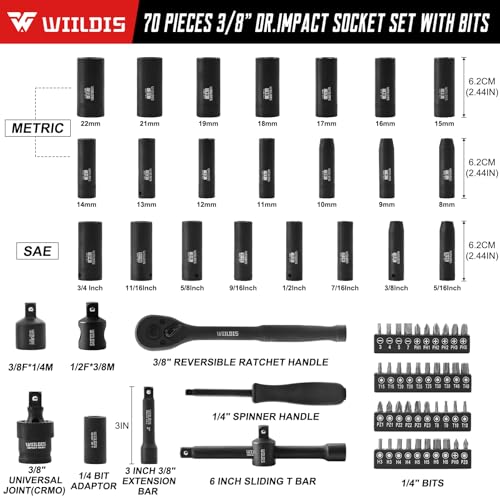 WIILDIS 70pcs 3/8" Drive Impact Socket Set,Standard SAE(5/16 to 3/4-Inch) Metric Size(8-22mm), CR-V Steel Deep Socket Kit, Adapters, Ratchet Handle, Screwdriver Bit Set, Sliding T Bar, 6 Point - size: 70-Piece