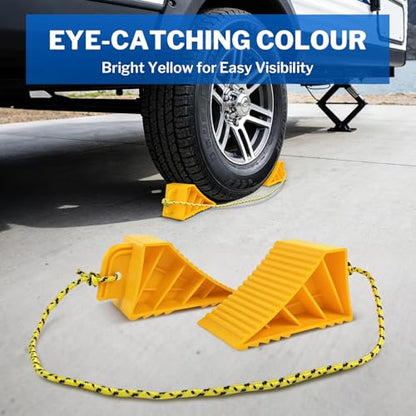 ROBLOCK 4 PCS Wheel Chocks with Rope for Travel Trailers, Non-Slip Grooved Wheel Blocks for RVs, Campers, Trucks, Cars, Boat Trailers, Parking Stabilizer RV Accessories, Easy to Carry, Yellow - size: 4 PCS