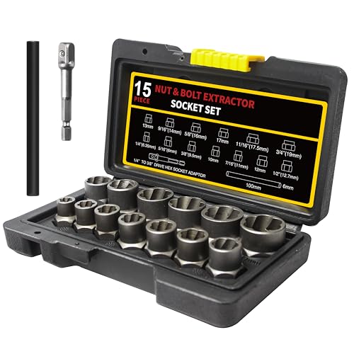 15Pcs Bolt Extractor Socket Set, Heavy-Duty Nut Socket Set, 3/8" Drive Impact Stripped Bolt Remover & Locking Lug Nut Tool for Damaged/Frozen/Rusted Bolts, Nuts & Screws, Storage Case Included - size: 15Pcs