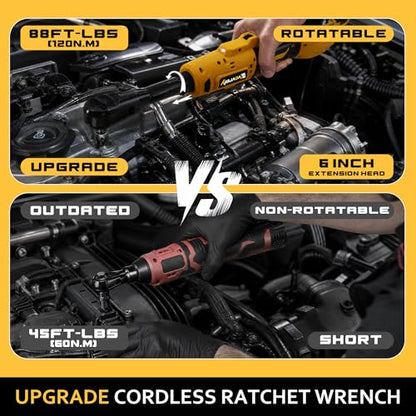 3/8" Electric Ratchet Wrench for DEWALT 20V Battery, 88Ft-Lbs | 6-inch Extended, 300RPM, Variable Speed, 8 Sockets,1/2" & 1/4" Adapters, 3" Extension Bar (Tool Only), for Engine Repair