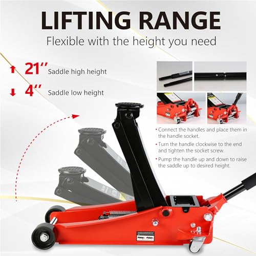 4T Low Profile Steel Floor Jack, 8000 lb, Dual Pump, 4"-21" Lift, Red | Heavy-duty steel, dual-piston quick lift, low profile, 4"-21" range, overload safety protection. - size: 4T Dual Pump 4"-21"(Red)