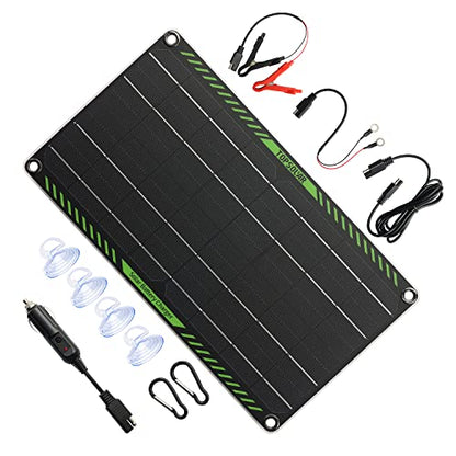Topsolar 10 Watt 12 Volt Solar Trickle Charger 10W 12V Solar Panel Car Battery Charger Portable Solar Battery Maintainer for Car Motorcycle Boat Marine RV + Cigarette Lighter Plug Alligator Clip - size: 10W