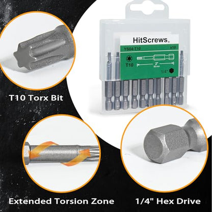 2 Inch T10 Torx Bits, S2 Steel Star Screwdriver Bits, 1/4" Hex Shank, CNC Precision Tips, 10-Pack in Slide-Out Storage Case, Impact Driver/Drill Compatible - size: T10
