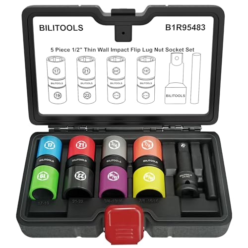 BILITOOLS Lug Nut Socket Set, 1/2" Thin Wall Impact Flip Sockets | Metric 17-22mm and SAE 3/4"-15/16" Sizes, Non-Marring Sleeves, Extension Bar and Knockout Rod for Stuck Lug Nuts