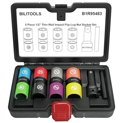 BILITOOLS Lug Nut Socket Set, 1/2" Thin Wall Impact Flip Sockets | Metric 17-22mm and SAE 3/4"-15/16" Sizes, Non-Marring Sleeves, Extension Bar and Knockout Rod for Stuck Lug Nuts