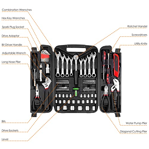 TLGREEN 95-Piece Car Tool Kit with Storage Case, Red | Marine Tool Kit with Wrench, Pliers, Sockets And Bits; Organized Repairs for Boats, Vehicles And Household Maintenance - color: Red