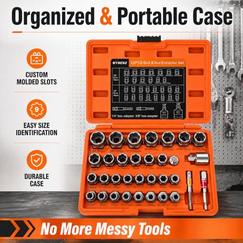 33 PCS Bolt Extractor Set, 3/8" & 1/4" Drive Impact Bolt & Lug Nut Remover Socket Tool Kit, Stripped Bolt Extractor Set, Screw Extractor For Broken,Damaged, Frozen, Studs, Rusted, Bolts, Nuts & Screws - size: 33PCS