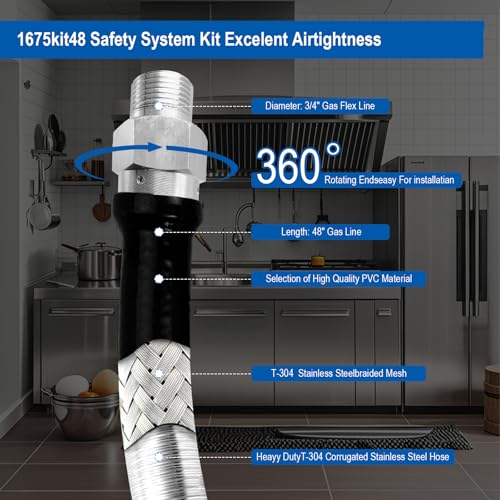 1675KIT48 Safety System Kit, 48" Commercial Gas Hose Connector Kit with 3/4" Quick Disconnect, Flexible Gas Line Hose, Gas Valve & Restraining Cable for Moveable Commercial Kitchen Equipment.