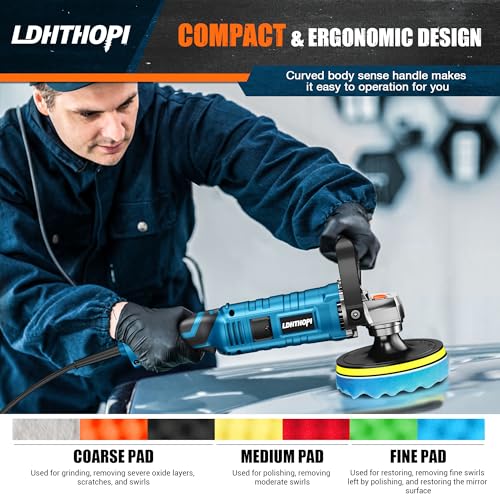LDHTHOPI Buffer Polisher, 1600W 7 Inch/6 Inch Rotary Buffer Polisher Waxer, 7 Variable Speed 1000-3500 RPM, Detachable Handle for Car, Boat Sanding, Polishing, Waxing, 2026 Upgraded - size: 1600W Rotary Buffer Polisher