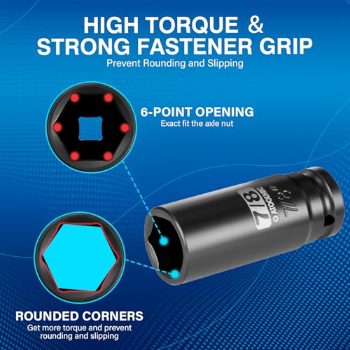 1/2" Drive x 7/8 Inch Deep 6PT CR-MO Impact Socket for Removing Axle nut | SAE Socket,6-Point Radius Corner Design,Two Size Markings,Square Chamfered Opening,For Removal of Axle Nut - size: 7/8 Inch, style: 1/2" Drive Deep Socket