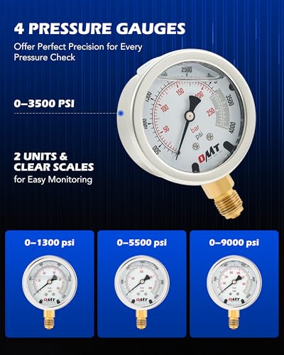OMT Hydraulic Pressure Test Kit with 4 Gauges Up to 9000 PSI, 9 Couplings | Stainless Steel Dials; Glycerin Shockproof Display; Excavator Maintenance; Heavy Duty Mechanics; 5.2ft Reinforced Tubing - size: 1300 3500 5500 9000 Psi