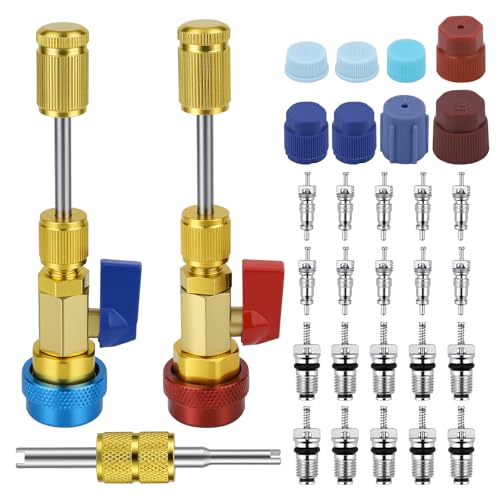 31 PCS R134A Valve Core Quick Remover Installer Tool Kit, High Low Pressure AC Valve Core Removal Tool, R134A Valve Core AC Service Port Cap Valve Stem for Refrigerant Air Conditioner System